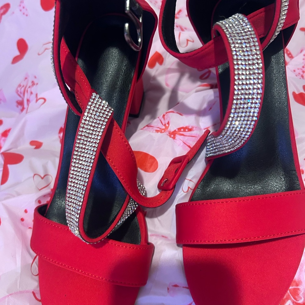 Source Unknown Red Heels with Rhinestone Straps N… - image 1